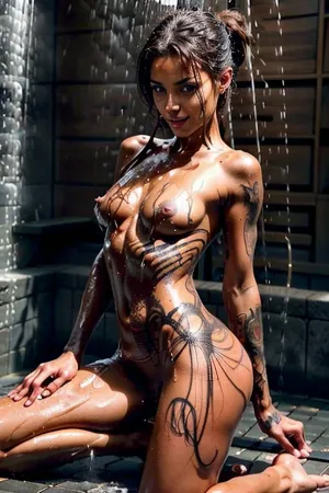 Bir fotorealist AI tarafından üretilen bir sanat, uzun akan saç, tam göğüsler ve uygun bir vücut ile güzel bir genç kadını tasvir eder. Bir kameranın önünde kalçalarına bakıyor, kameraya bakıyor. Fotoğraf fotoğraf içeride