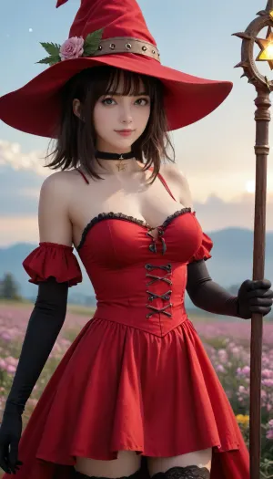 검은 색과 흰색 의상에 여성과 빨간색과 금 세부 사항, 그녀의 얼굴에 stern 표현을 착용, 생각에 깊은 나타납니다. 그녀의 복장은 여우 모피 가죽 결박과 같은 동물 주제 물자로, 추가합니다