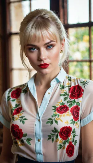 La joven en la blusa blanca de inspiración vintage con un patrón floral vibrante con flores amarillas, hojas verdes y rosas rojas está usando un lápiz labial rojo con una sonrisa sutil y juguetona. Ella desenmascara su blusa revelando su escote
