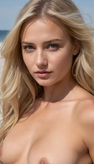 The blonde girl took pictures of herself in different poses, including one where her nipples were exposed. She was excited to show off her naked body on the beach and knew that the trained AI would capture detailed pictures of her nipples