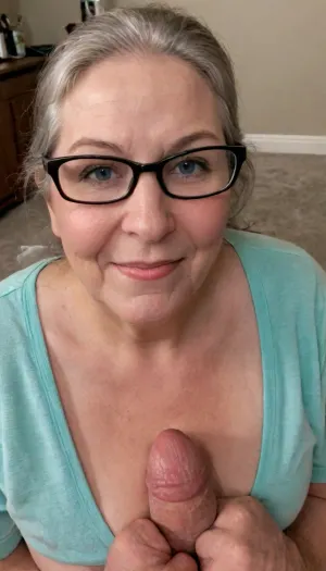 A 65-year-old fat BBW with sagging breasts and topless face full of cum is giving a handjob to a porn picture with her sagging breasts and topless face full of cum