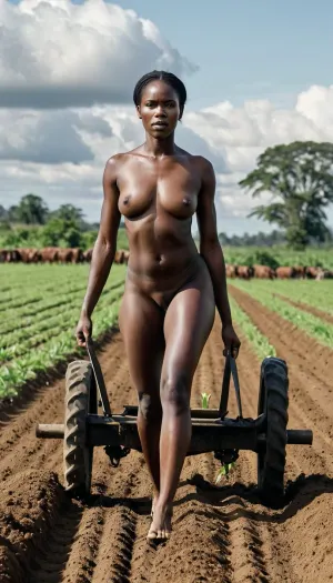 照片显示一位美丽的非洲-尼日利亚女性用旧拖拉机耕田. 她的头发长到腰部,穿着一件白色的衬衫,暴露了她的手臂。 她的肤色是深褐色