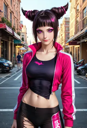 Juri Han, 一个穿着黑色内裤和深色头发的健身女子, 完全站在健身房里,穿着黑色内裤。 她的强烈的光芒使她看起来 准备好迎接任何挑战