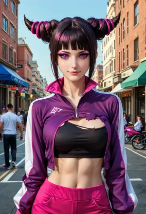 朱丽·汉(英語:Juri Han),是一位有着深色眼睛和紫色嘴唇的健身女子,独自站在健身房里,穿着黑色的内裤,戴着黑色的内裤. 她的精细细节被完美地定义,头发角向上. 照片是详细和容易否定的,