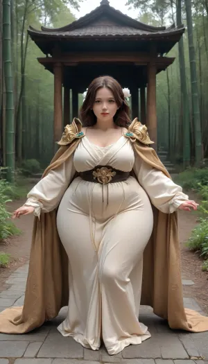La femme potelée avec une pose ludique et stupide pose dans le temple portait une robe, cape et armure d'épaule. Elle avait de longs cheveux bruns, hyper hanches, de larges hanches, des cuisses massives, des yeux verts, du lard dans un temple