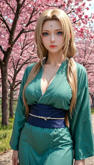 桜の木の下にある少女は、枝から落ちるピンクの花びらで目が目立っています。 彼女の長い髪は緑のカスケードで彼女の背中を流れ、彼女は彼女の胸に絵を描きました - a