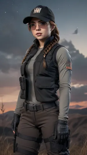 Une fille seule se tenait dans le noir, ses yeux balayant la zone pour tout signe de danger. Elle portait un gilet pare-balles et des vêtements tactiques, avec une seule tressée accrochée au-dessus. Ses gants étaient blancs et son pantalon était ashrs, alors que