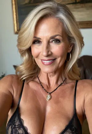 一个性感的成熟女人 穿着黑色睡衣 面部宽阔 鼻子尖长 是魅力和性吸引力的完美画面