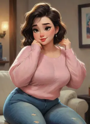 In einer Welt, in der 3D-Stil herrscht, ist ein übergroßer SSBBW-Charakter mit großen Ohrringen und verführerischen Posen die perfekte Passform für dieses Bild. Die dicken Oberschenkel und breiten Hüften ergänzen die allgemeine Ästhetik, während die Büste