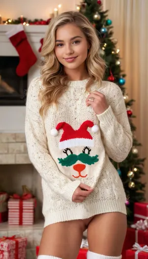 人工智能图片生成器创造了一个令人惊叹和感人的年轻女性形象,她长着长发、深棕色的眼睛和满唇。 她穿着紧腰的圣诞毛衣,突出她的小乳房和天然乳房. 她的脸