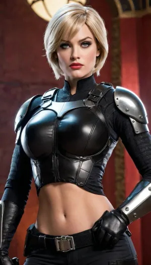 The alluring and formidable figure of Sergeant Calhoun, a character known for her sharp wit and combat skills in the Wreck-It Ralph universe. Calhoun stands tall and slender, her blonde bob with side bangs framing a face with piercing blue eyes and fair skin, enhanced by a touch of dark eyeliner that accentuates their intensity. Her rosy lips are set in a confident smirk, revealing she means business. Her body is clad in sleek and sexy body armor that perfectly hugs her curves, showcasing a blend of red and black colors that command attention and exude power. The armor's design is both functional and aesthetically pleasing, with intricate details that highlight her feminine yet strong physique. Despite the heavy protective gear, Calhoun's posture is relaxed, hinting at the ease with which she wears the weight of her responsibilities. She is depicted in a pose that suggests she is ready for action, one hand resting on her hip while the other holds a weapon at her side. Her attire is completed by a pair of high-heeled boots that add an unexpected touch of glamour to the otherwise battle-ready ensemble. The overall composition suggests that she is a force to be reckoned with, blending sex appeal with a no-nonsense attitude. Although close in height to the game's hero, Ralph, the contrast in their proportions is evident, emphasizing her elongated, athletic build. The scene is dimly lit, with spotlights highlighting her figure and casting dramatic shadows that add depth and allure to the image., sharp focus, depth of field, 8k photo, HDR, professional lighting, taken with Canon EOS R5, 75mm lens, natural beauty