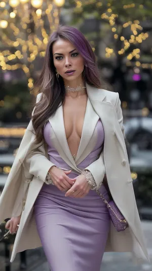 A captivating and confident woman exuding an aura of allure and elegance. She stands poised in a stylish, modern outfit that combines elements of sophistication and strength. Her surroundings are a chic urban setting, with sleek architecture and soft, ambient lighting that casts a warm glow. The scene is infused with a touch of mystery and charm, highlighted by subtle purple accents and sparkling details that add a magical, enchanting quality. Her expression is one of self-assurance and grace, embodying the perfect blend of style and power., <lora:bimbostyleFiveU:.5>