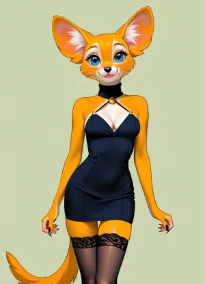 female, (((furry))), top.less, slim body, cute, slim fit turtleneck mini dress, delicate, cleavage, big eyes, attractive leggy pose, shows off body, perfect glutes, smile, seductive, slim legs, stockings HD Roberts style art, <lora:furry_and_friends_flux_v2:.5>, <lora:681678_training_data:.5>