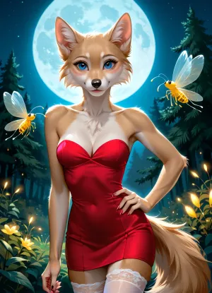 female wolf, (((furry))), top.less, slim body, cute, thin mini dress, dancing under the light of the full moon in the forest surrounded by fireflies.tender, cleavage, big eyes, showing off body, perfect glutes, smile, seductive, slim legs, stockings HD Roberts style art, <lora:furry_and_friends_flux_v2:.5>, <lora:681678_training_data:.5>