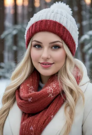 close-up photo of 40 year old russian woman. massive curvy plus-size body with oversized massive thighs. long white-blonde hair. fine-featured beautiful face, sweet smile. knit_beanie scarf coat snow-covered, ((snowing)), mountain forest soft twilight clouds, ethereal, angelic, Renaissance, fantastical, atmospheric, dynamic lighting, exquisitely detailed intricately detailed warm colors natural lighting