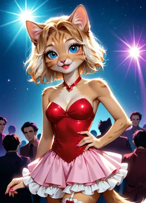 kitty-cat woman, (((furry))), top. less, slim body, cute, 80's style, dressed in bright sexy costume, with 80's style hairstyle, dancing in disco with bright lights and disco ball, tender, cleavage, big eyes, showing off body, perfect glutes, smile, seductive, slim legs, stockings HD Roberts style art, <lora:furry_and_friends_flux_v2:.5>, <lora:681678_training_data:.5>, 