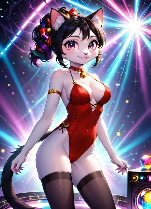 kitty-cat woman, (((furry))), top. less, slim body, cute, 80's style, dressed in bright sexy costume, with 80's style hairstyle, dancing in disco with bright lights and disco ball, tender, cleavage, big eyes, showing off body, perfect glutes, smile, seductive, slim legs, stockings HD Roberts style art, <lora:furry_and_friends_flux_v2:.5>, <lora:681678_training_data:.5>, 