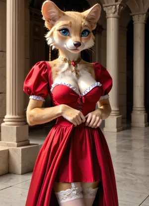female lioness, (((furry))), top.less, slender body, cute, medieval lady. nude, breasts visible, genitals, in 18th century dress, breasts open, skirt pulled up, genitals visible, tender, cleavage, big eyes, showing off body, perfect glutes, smile, seductive, slim legs, stockings HD Roberts style art, <lora:furry_and_friends_flux_v2:.5>, <lora:681678_training_data:.5>, 