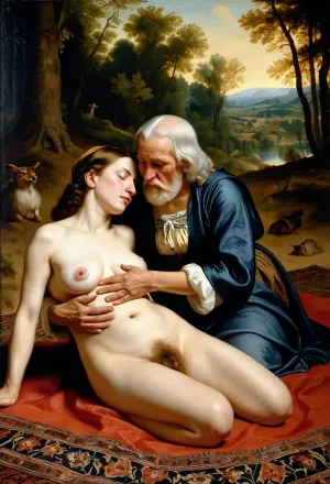 oil painting, (forest clearing), evening, (one man:1.4), (two young women:1.3), They are lying on a Persian carpet, (women's breasts are visible:1.3), (fondling each other other:1.5), (painting in the style of Diego Velazquez:1.3)