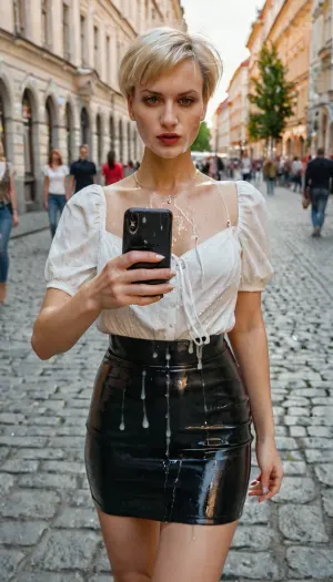 Young slavic woman walking in the city with face covered in cum, cum on face, cumwalk, making a selfie, mini skirt, high heels, short hair, blonde hair, smartphone, holding phone, selfie, woman, on, face, <lora:JustCum:1>