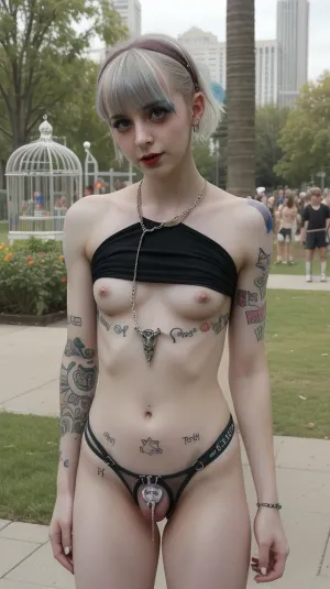 femboi, sissy boy, public park, audience, small top, small, penis, chastity, cage, sissy tatoo, <lora:chastity cage:.5>