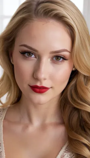 beautiful 20 year old women with honey blonde hair, amber eyes, horny, smiling, face tilted down, round face, pale skin, eye contact, makeup, (winged eye liner:1.3), blush, shiny foundation, shiny red lip gloss, long hair, breasts out