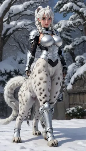 photorealistic, front view, Japanese, white hair, catgirl, snow leopard, cat lower body, massive paws, multiple snow leopard tails, cattaur, full body, armour, angelic, artiangel, Ranma21, a, girl, silver, extreme, long, braid, Rapunzel, high-waist, single, braided, ponytail, black, wanapi, fur, xuer, White, tiger, centaur, female, feline, body, paws, tail, up, from, below, side, <lora:milkers_v2:.5>, <lora:Ranma21_V1-step00001500:.4>, <lora:wanapi:1.5>, <lora:绪儿 猛虎下山 xuer White tiger:1.2>, <lora:267360_training_data:2>, <lora:554328_training_data:.7>, <lora:centaurs_042_merge_sdxl:.4>