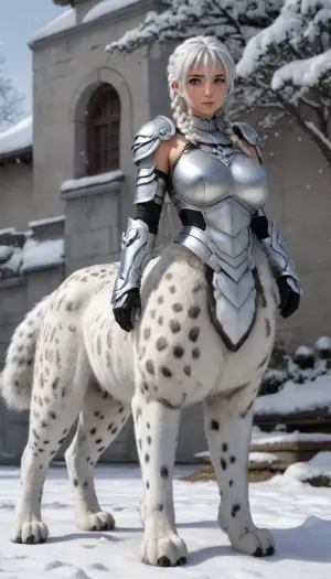 photorealistic, front view, Japanese, white hair, catgirl, snow leopard, cat lower body, massive paws, multiple snow leopard tails, cattaur, full body, armour, angelic, artiangel, Ranma21, a, girl, silver, extreme, long, braid, Rapunzel, high-waist, single, braided, ponytail, black, wanapi, fur, xuer, White, tiger, centaur, female, feline, body, paws, tail, up, from, below, side, <lora:milkers_v2:.5>, <lora:Ranma21_V1-step00001500:.4>, <lora:wanapi:1.5>, <lora:绪儿 猛虎下山 xuer White tiger:.8>, <lora:267360_training_data:2>, <lora:554328_training_data:.7>, <lora:centaurs_042_merge_sdxl:.4>