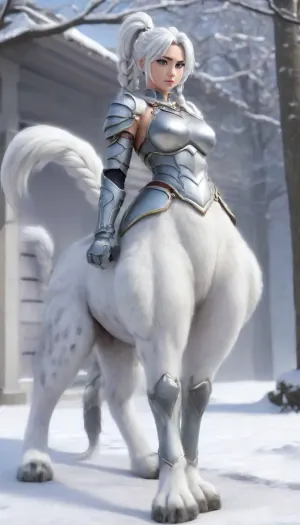 photorealistic, front view, Japanese, white hair, catgirl, snow leopard, feline legs, cat lower body, massive paws, cattaur, full body, armour, angelic, artiangel, Enigma_Kitsune, Ranma21, a, girl, silver, extreme, long, hair, braid, Rapunzel, high-waist, single, braided, ponytail, black, wanapi, fur, xuer, White, tiger, <lora:554328_training_data:.8>, <lora:EarthEnigmaKitsune_XL-v1:.3>, <lora:milkers_v2:.4>, <lora:Ranma21_V1-step00001500:.4>, <lora:wanapi:1.2>, <lora:267360_training_data:1.6>, <lora:绪儿 猛虎下山 xuer White tiger:.5>, centaur, female, white, feline, body, paws, tail, up, from, below, side, <lora:centaurs_042_merge_sdxl:.5>, gumiho, nine, tailed, fox, <lora:Mr_Fox Spirit:.9>