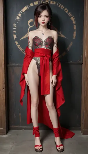 Very long hair ponytail, (Short Textured Haircut), (ruby Rose Hairstyle), (oval shape head), (round head), (feminine belly), (high cheekbones), (beautiful face), (strong jawline), (Beautiful glowing red eyes), (almond-shaped eyes), (long lashes), (tin eyebrows), ((full lips), (170cm high), ((slim body)), (dark nails), (silver necklaces and earrings), (tattoos), (tattoos 10% body), (small ass), (round ass), (firm ass), (toned legs), (lean legs), (feminine legs), (well-defined feet)), kamado, nezuko, black, hair, pink, eyes, magenta, pupils, ribbon, two-tone, nezukob, purple, nezukoc, solid, circle, parody, kimono, haori, asa, no, ha, (pattern\), checkered, obi, leg, warmers, socks, sandals, bamboo, bit, gag, <lora:add-detail-xl:1.1>, <lora:Colorful Hair Slider_alpha1.0_rank4_noxattn_last:1.1>, <lora:loraeyesxl:1.1>, <lora:DetailedEyes_V3:1>, <lora:NezukoIllus:1.5>