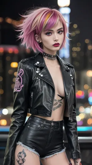 score_9, score_8_up, score_7_up, Anime Style, Cowboy Shot, girl, punk, cute, seductive, innocent, (light smile:.3), plump lips, slender body, very short hair, multicolored hair, in high detailed textured black leather jacket, piercing, small tattoo, most iconic photo, London night background, depth of field, dynamic angle, fashion photography, sharp, (hyperdetailed:1.15)