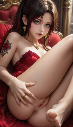 The princess is lying on her side, (Fingering her wet pussy, gold dildo in anus, in lace panties), perfect realistic anus, Long hair ponytail, Ruby Rose Hairstyle, round head, high cheekbones, beautiful face, Green eyes, long lashes, 170cm high, slim, fit, physique, gold necklaces and earrings, tattoos, tattoos 50% body, small elastic breasts, perky breast, small ass, round ass, firm ass, toned legs, lean legs, feminine legs, well-defined feet, castle bedroom, sexy violet glossy dress, uncensored, <lora:EnvyZoomSliderXL01:2>, <lora:dAIversityLoRASDXL-PhotoSemiReal:2>, <lora:DetailedEyes_V3:2>, <lora:SDXLFaeTastic2400:1>