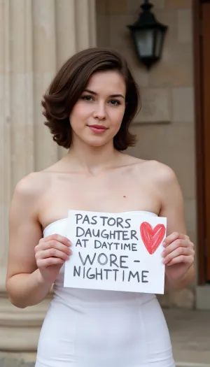Graceful, pretty, 18 year old woman, very slim, cute face, short curly brunette hair, sexy, flat-chested, wearing a sunday dress, standing in front of a church, holding a homemade sign with text "PASTORS DAUGHTER AT DAYTIME, WHORE AT NIGHTTIME" and a painted red heart.