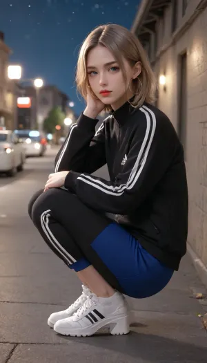 two femboys, squatting, adidas sports dresses, blue dress with three white stripes on the side, bright red lips, thick eyelashes, kiss marks, hoop earrings, clutch with three white stripes, on the threshold of a beauty salon, high-heeled sneakers, masterpiece, best quality, highres, 1girl, solo, cowboy shot, outdoors, night, starry sky, shining hair, looking at viewer, tadidas, black pants, (black jacket), long sleeves, adidas, <lora:Adidas_V2_SDXL_02:.5>