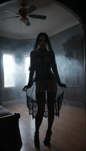 In the eerie realms of realism, a chilling ghost materializes as a host of horrors. It's spectral presence is hauntingly captured in the medium of digital painting. The mistic scene is shrouded in darkness, intensifying the the sense of dread. Horror fog, Victorian apartments background, sexy body Silhouette, The highly detailed artwork, reminiscent of the works of Lois Van Baarle and Ross Tran, transport's the viewer into a realm of supernatural terror, clothes