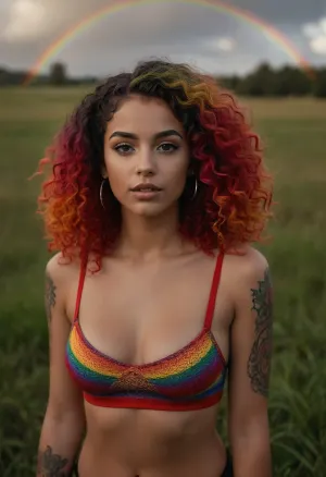 Ultra-detailed, ultra-realistic, Professional photograph, 8k, 85mm lens, rainbow hair curly hair, gorgeous latina 22 year-old woman, she's wearing a sexy red tubetop with spaghetti-straps, a black thong with peircings and tattoos, she's standing outside in a grassy meadow with a rainbow in the background., <lora:278488_training_data:.5>