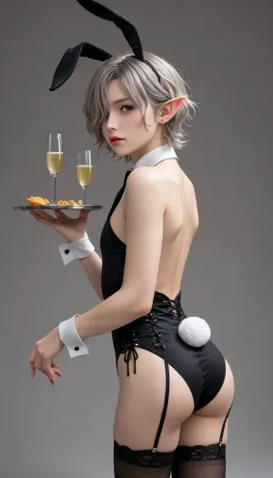 mithrun, hand up, looking at viewer, solo, wrist cuffs, male focus, looking back, pointy ears, short hair, simple background, thighhighs, femboy, ass, black thighhighs, garter belt, elf, leotard, necktie, androgynous, parted lips, trap, tail, leaning forward, holding, detached sleeves, cowboy shot, wavy hair, black necktie, animal ears, cup, grey hair, strapless, fake animal ears, detached collar, rabbit ears, drinking glass, black eyes, strapless leotard, rabbit tail, crossdressing, hair over one eye, fake tail, scar, grey background, tray, alcohol, black leotard, bags under eyes, cross-laced clothes, male playboy bunny, champagne, holding tray, champagne flute, multiple scars, notched ear, cross-laced leotard, momite, (3sita yarou)