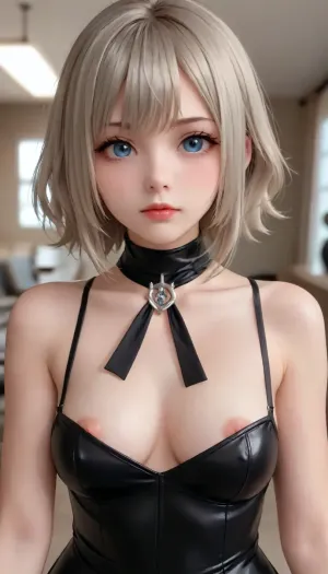 a photo of bellymouth demon girl in latex, <lora:bellymouthxl_v1:1>, chibi, <lora:qban2-000008:.5>, nipple, slip, <lora:nipple slip XL:.5>