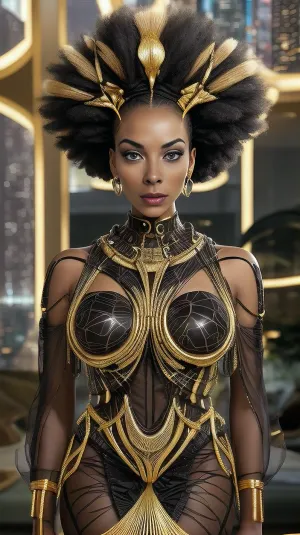 Create an image that embodies the theme Unmatched Style, Where Elegance Meets Power. The scene features a striking individual of African descent, exuding confidence and grace. They are dressed in a bold, avant-garde fashion ensemble that combines traditional African patterns with futuristic elements, showcasing AfroFuturism. The setting is a luxurious urban environment, with sleek, modern architecture and vibrant city lights reflecting off polished surfaces. The color palette is rich and dynamic, featuring deep blacks, golds, and vibrant jewel tones. The mood is one of empowerment and sophistication, with an aura of elegance and strength. The overall composition should convey a sense of luxury and vibrant aesthetics, capturing the essence of Black Excellence and empowered beauty.