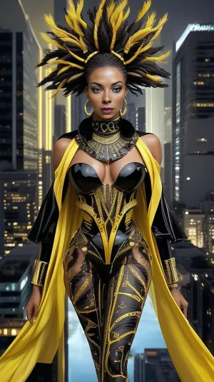 Create an image that embodies the theme Unmatched Style, Where Elegance Meets Power. The scene features a striking individual of African descent, exuding confidence and grace. They are dressed in a bold, avant-garde fashion ensemble that combines traditional African patterns with futuristic elements, showcasing AfroFuturism. The setting is a luxurious urban environment, with sleek, modern architecture and vibrant city lights reflecting off polished surfaces. The color palette is rich and dynamic, featuring deep blacks, golds, and vibrant jewel tones. The mood is one of empowerment and sophistication, with an aura of elegance and strength. The overall composition should convey a sense of luxury and vibrant aesthetics, capturing the essence of Black Excellence and empowered beauty.