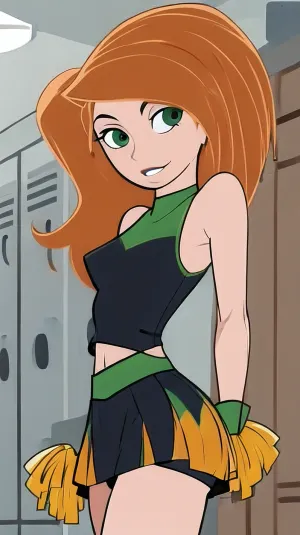 1girl, bare arms, bare shoulders, breasts, cheerleader, green eyes, highres, indoors, kim possible, kimberly ann possible, knee up, locker, locker room, long hair, midriff, miniskirt, navel, oira wa arumajiro, orange hair, pleated skirt, pom pom, (cheerleading), sitting, skirt, small breasts, solo, <lora:KPV1:.7>