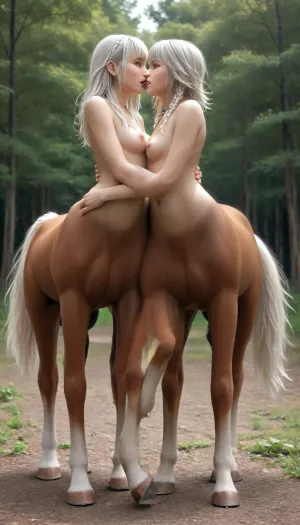 21 years old, nsfw, two women, nude, sexy pose, standing, boobs, tiny breasts, nipples, pussy, butt, tall of a person, thin, pubic hair, small areola, muffin top, cute face, beautiful face, big eyes, thin eyebrows, thin lips, trembling, medium hair, wave hair, twin tail, braided hair, blunt bangs, white hair, blue eyes, from front, from side, forest, high quality, photorealistic, highly detailed, slav, hispanic, beautiful woman, boyish, lesbian, kiss, beautiful legs, shoes, licking pussy, masturbating, humantaur, second, human, four, legs, feet, centaur, female, brown, horse, body, hooves, tail, up, from, below, side, behind, <lora:humantaurs_02_20_merge_sdxl:1>, <lora:centaurs_042_merge_sdxl:.7>