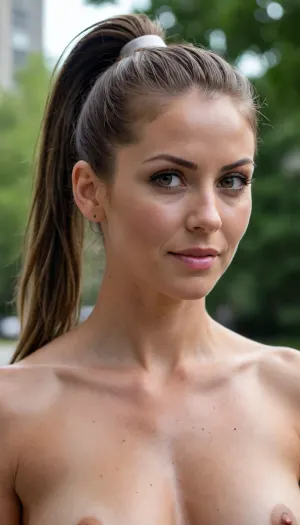 candid photo of a, (mid-30s woman), (athletic, fitness model:1.2), dappled light, sporty ponytail hair with dark roots, mischievous eyes, mischievous smirk, ZipRealism, boobs exibition, nude, breats, out