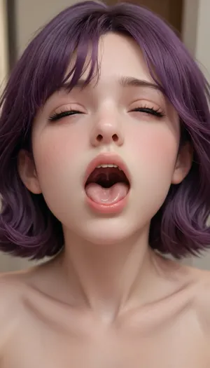 wide open mouth, vagina instead of mouth, uterus in throat, view of vagina from inside, cute face, genitals instead of lips, wide spread pussy, 1girl, female focus, solo, upper body, nude, open mouth, closed eyes, purple hair, what, cervix, body horror, vagina mouth