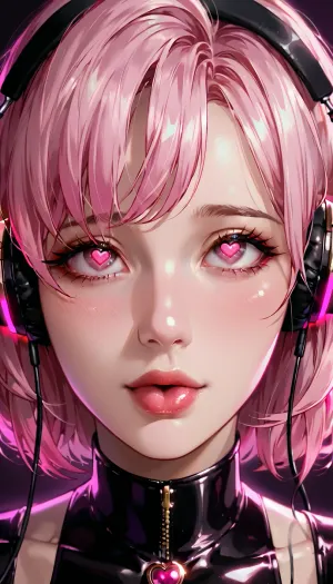masterpiece, woman, (spiralwash eyes:1.2), portrait, pink eyes, latex cloths, dimly lit, dark room, headphones, ahegao, face, pleasure, loraeyes, heart_eyes_full, <lora:spiralwashv2_1544:1>, <lora:tonguedrop-d:.5>, <lora:Loraeyes_V1:.5>, <lora:hipoly_3dcg_v7-epoch-000012:.5>, <lora:heart_eyes-10:.5>