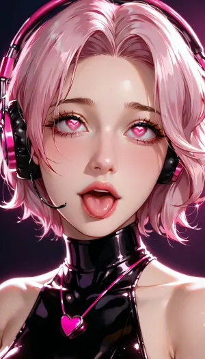 masterpiece, woman, (spiralwash eyes:1.2), portrait, pink eyes, latex cloths, dimly lit, dark room, headphones, ahegao, face, pleasure, loraeyes, heart_eyes_full, <lora:spiralwashv2_1544:1>, <lora:tonguedrop-d:.5>, <lora:Loraeyes_V1:.5>, <lora:hipoly_3dcg_v7-epoch-000012:.5>, <lora:heart_eyes-10:.5>