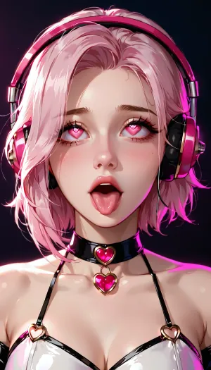 masterpiece, woman, (spiralwash eyes:1.2), portrait, pink eyes, latex cloths, dimly lit, dark room, headphones, ahegao, face, pleasure, loraeyes, heart_eyes_full, <lora:spiralwashv2_1544:1>, <lora:tonguedrop-d:.5>, <lora:Loraeyes_V1:.5>, <lora:hipoly_3dcg_v7-epoch-000012:.5>, <lora:heart_eyes-10:.5>