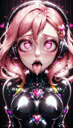 masterpiece, woman, (spiralwash eyes:1.2), portrait, pink eyes, latex cloths, dimly lit, dark room, headphones, ahegao, face, pleasure, loraeyes, heart_eyes_full, <lora:spiralwashv2_1544:1>, <lora:tonguedrop-d:.5>, <lora:Loraeyes_V1:.5>, <lora:hipoly_3dcg_v7-epoch-000012:.5>, <lora:heart_eyes-10:.5>