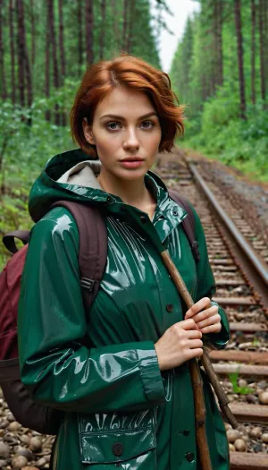 Close-up, woman, Age 33, Nastya, European appearance Round face, arched oily eyebrows, natural eyelashes, round eyes, potato nose, large mouth, large full lips, dimples on cheeks, mole above the upper lip from the left, square cheekbones, dimple on the chin, Short haircut, red-haired, small breasts, Nina was wrapped in a raincoat jacket, an old gray sweater was almost not warm, dirty pants were soaked, a backpack hung on her back, her face was dirty from soot. Suspicious look, a stick in her hand, Nina was walking along the railway, An abandoned railway in the forest, 8k, realistic, vray, HDR, 6000K, in a post-apocalyptic forest, faded road sign, fallen trees, overgrown railway., environment SZ_4po, <lora:oversized_coat-10:.5>, <lora:workTrousers:.5>, <lora:PostApocalyptic_v4:.6>