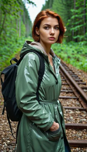 Close-up, woman, Age 33, Nastya, European appearance Round face, arched oily eyebrows, natural eyelashes, round eyes, potato nose, large mouth, large full lips, dimples on cheeks, mole above the upper lip from the left, square cheekbones, dimple on the chin, Short haircut, red-haired, small breasts, Nina was wrapped in a raincoat jacket, an old gray sweater was almost not warm, dirty pants were soaked, a backpack hung on her back, her face was dirty from soot. Suspicious look, a stick in her hand, Nina was walking along the railway, An abandoned railway in the forest, 8k, realistic, vray, HDR, 6000K, in a post-apocalyptic forest, faded road sign, fallen trees, overgrown railway., environment SZ_4po, <lora:oversized_coat-10:.5>, <lora:workTrousers:.5>, <lora:PostApocalyptic_v4:.6>